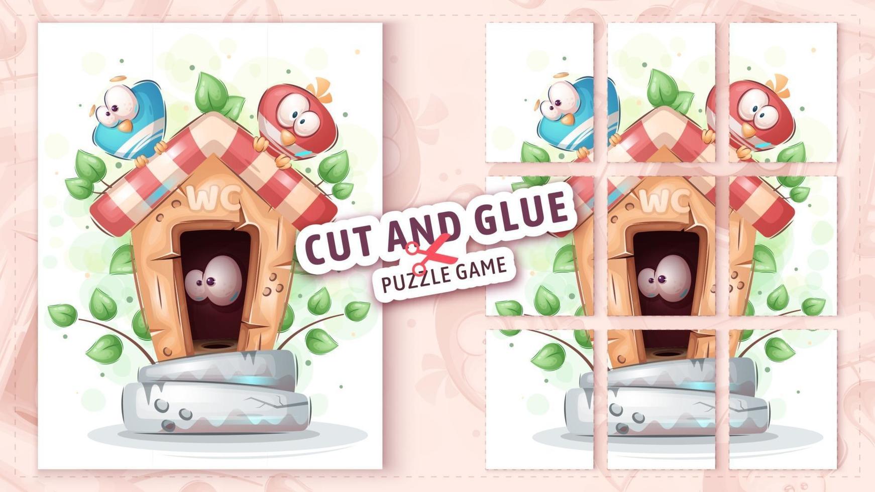 Bird in toilet, cut and glue - puzzle game vector
