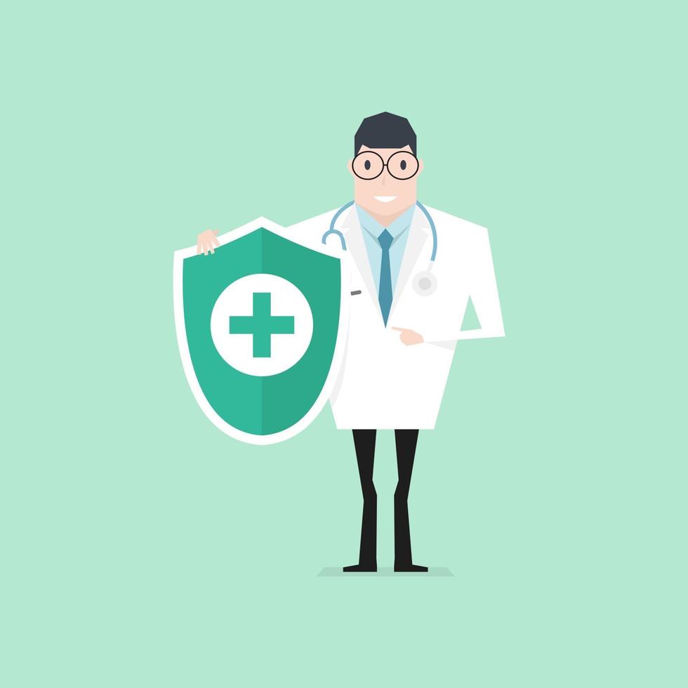 Doctor with stethoscope holding hygienic shield protecting. Health check up. vector