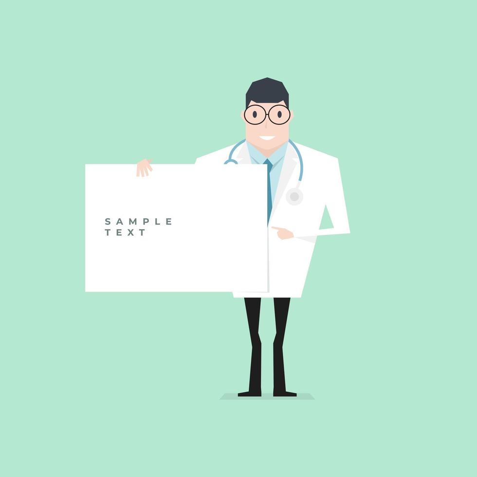 Doctor holding a blank sheet and pointing by index finger. vector