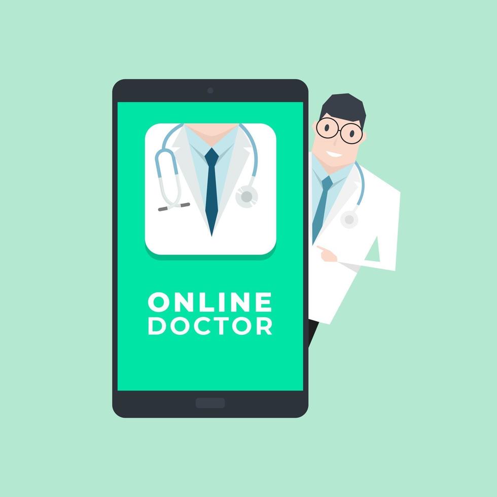 médico con aplicación móvil. médico concepto en línea. vector