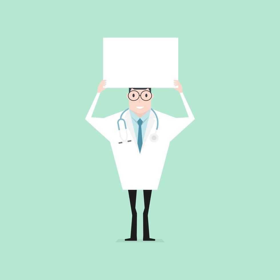 Doctor standing and holding a blank banner. vector