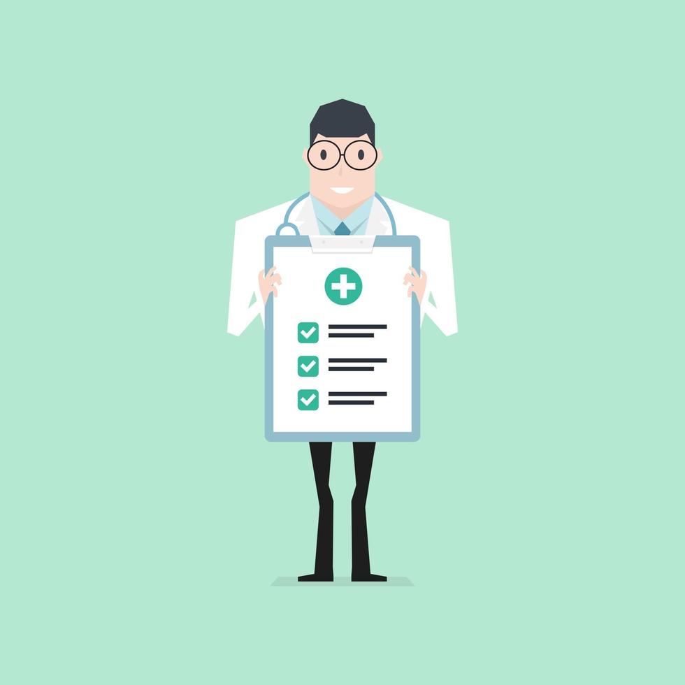 Doctor holding a clipboard check up paper. Health check up. vector