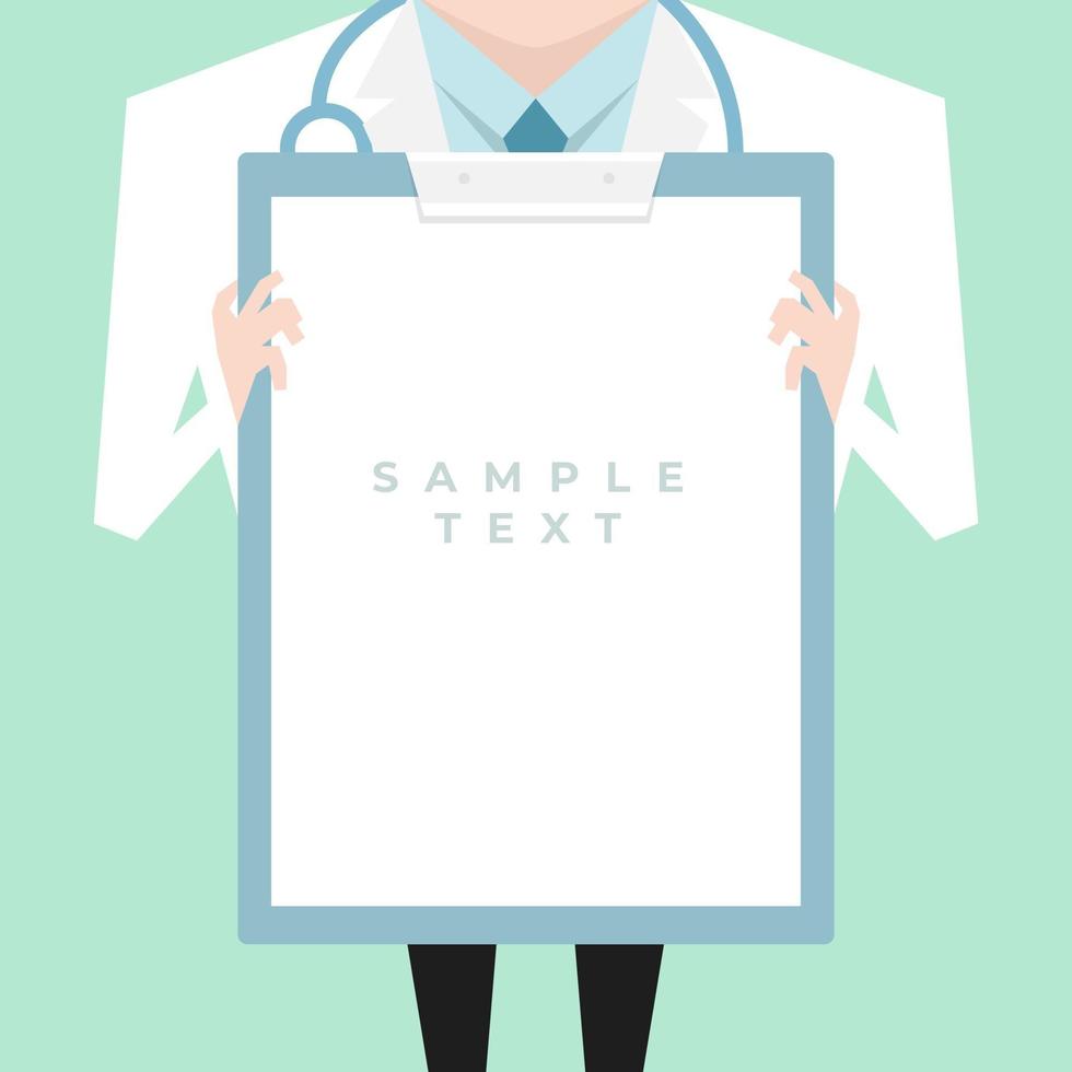 Doctor with lab coat holding a clipboard showing a blank document. vector