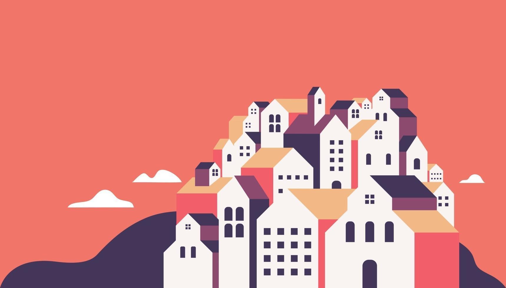 Flat geometric buildings, Minimal city landscape flat style banner. vector