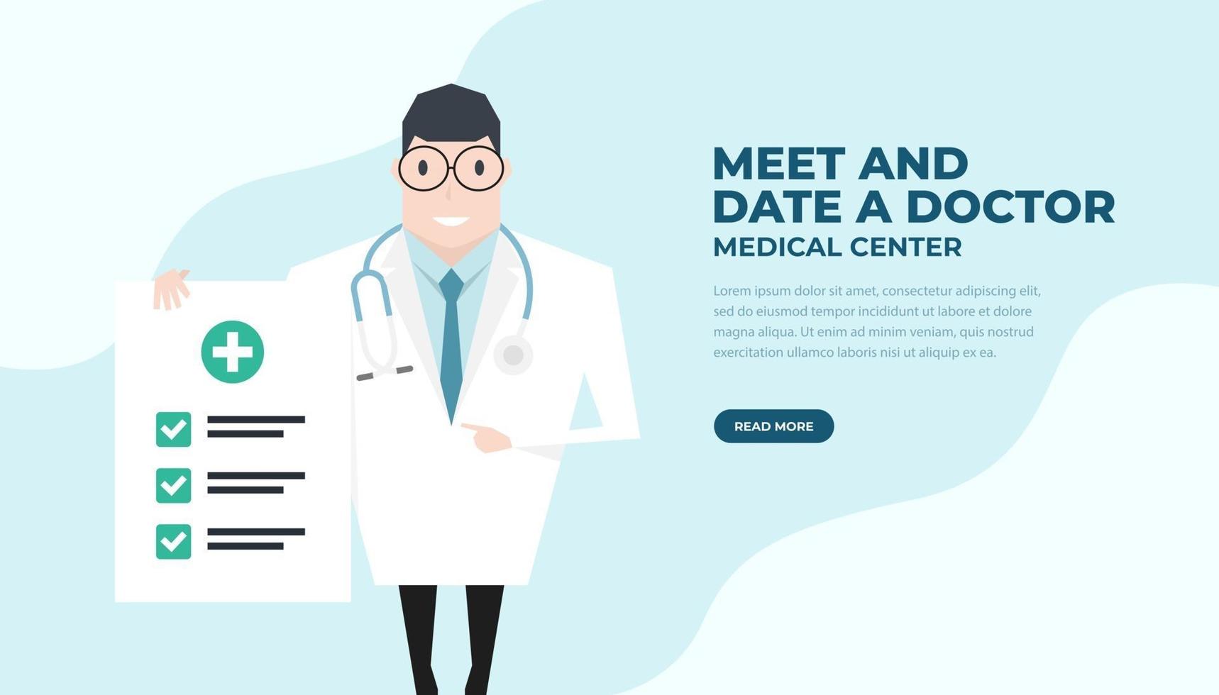 Doctor holding a check up paper and pointing by index finger. Health check up banner. vector