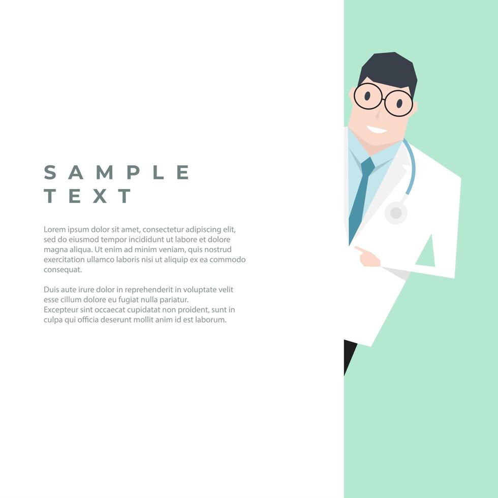 Doctor pointing blank white wall with copy space. vector