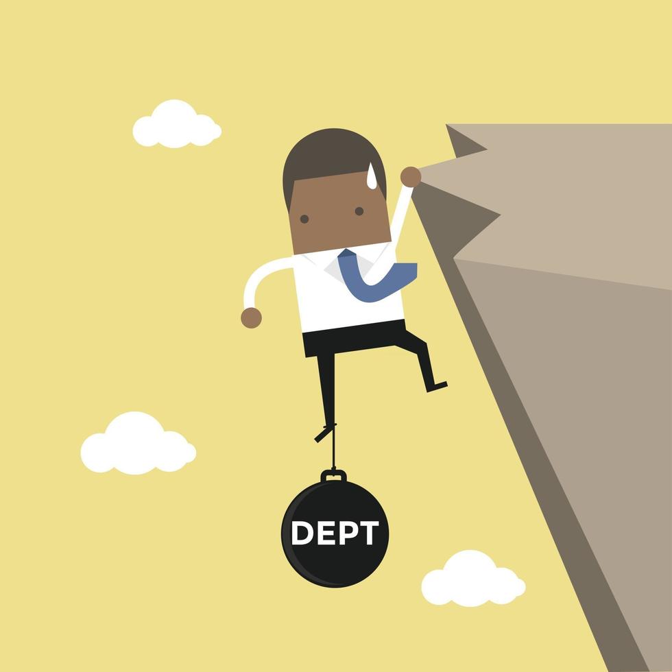 African businessman try hard to hold on the cliff with debt burden. vector