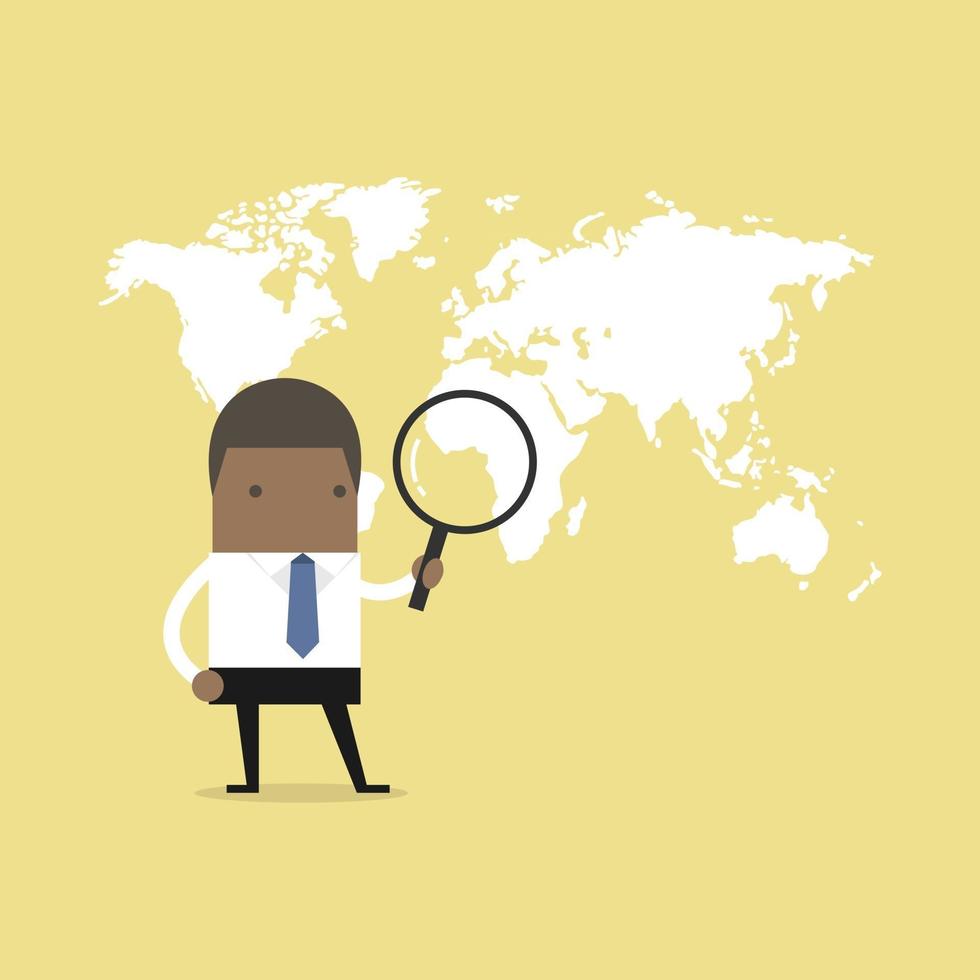 African businessman holding magnifying glass finding over world map. vector