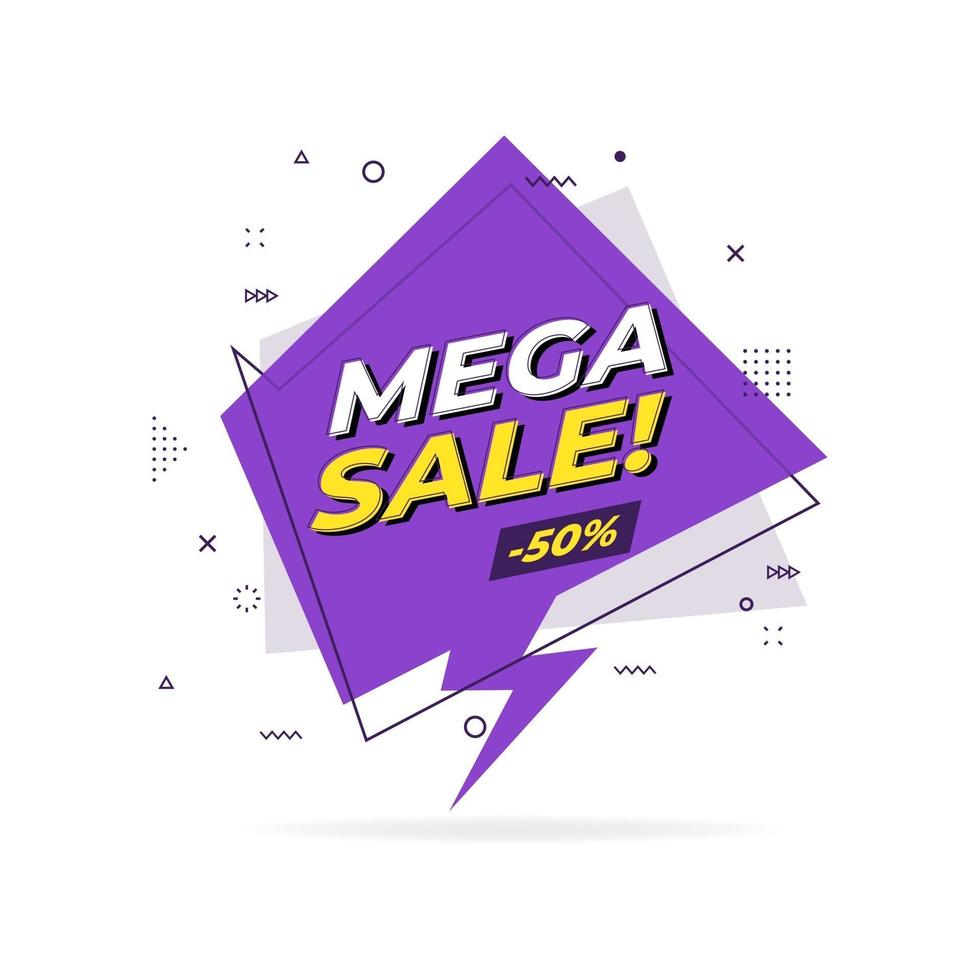 mega venta banner geométrico plano de moda. etiqueta de mega venta en estilo de diseño de memphis. vector