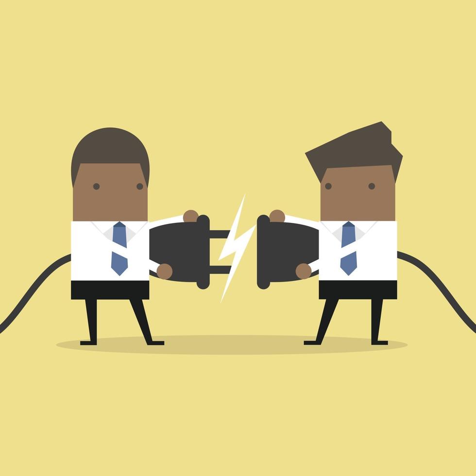 Two African businessman trying to connect electric plug. vector
