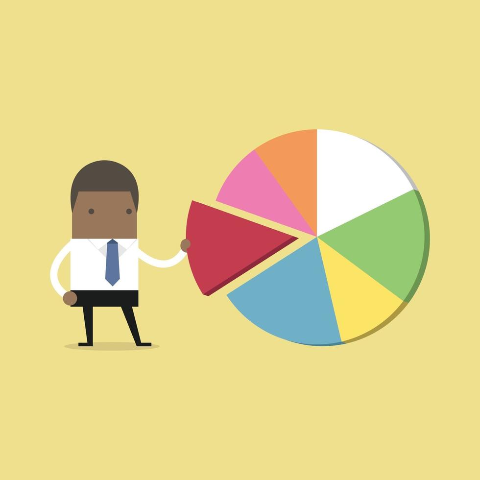 African businessman taking away a part of pie chart. vector