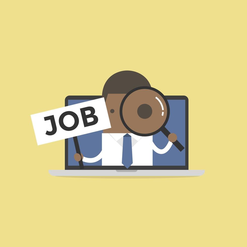 African businessman holding JOB sign and looking through a magnifying glass in computer notebook. vector