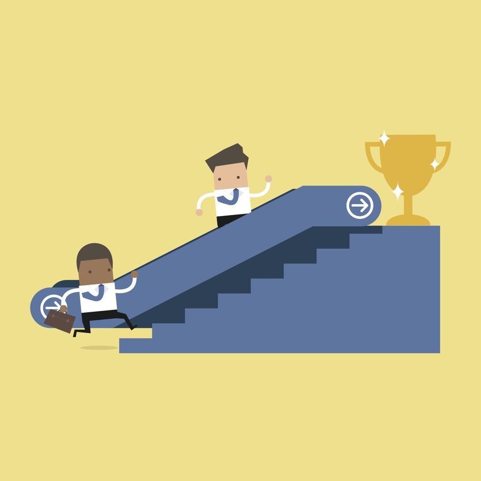 Businessman who going up to escalator to success trophy and another man who is climbing the stairs. vector