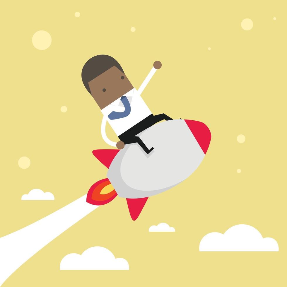 Startup Business. African businessman on a rocket. vector