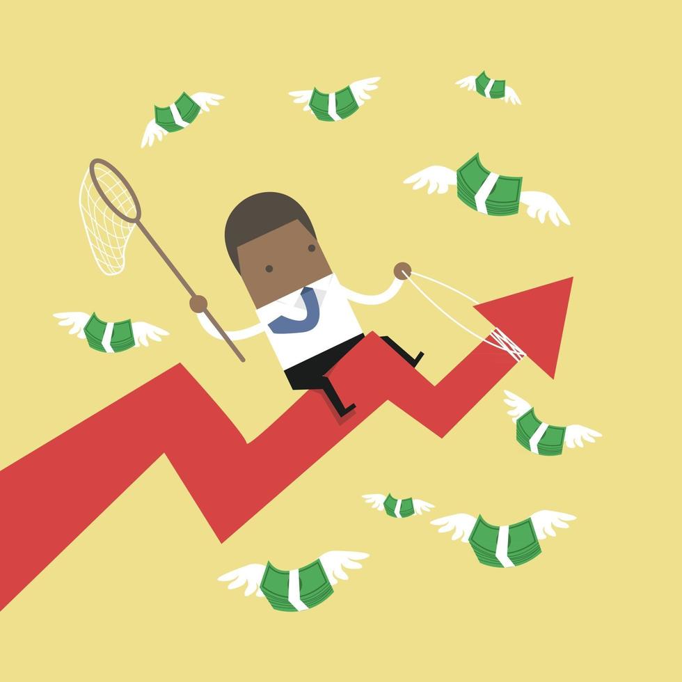 African businessman riding success arrow graph trying to catch money fly. vector
