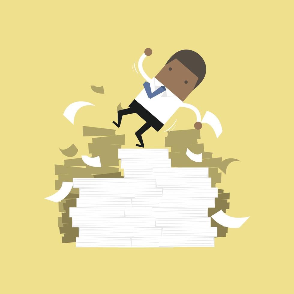 African businessman falling of paper mountain. vector