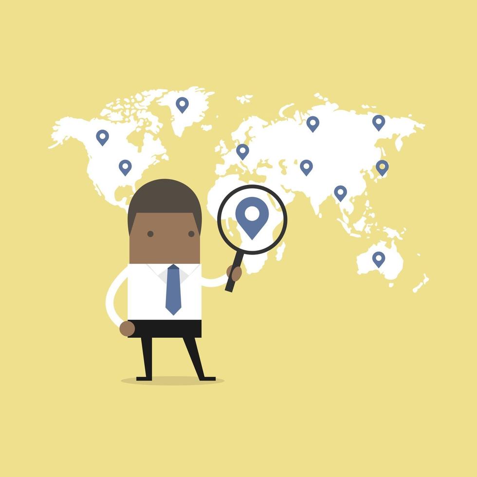 African businessman holding magnifying glass finding map pin over world map. vector