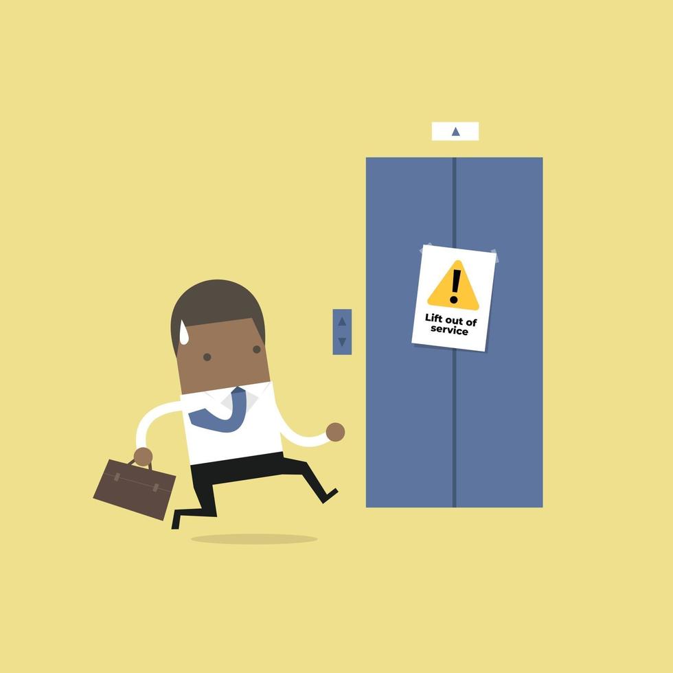 African businessman are running to the elevator. But the elevator is out of service. vector