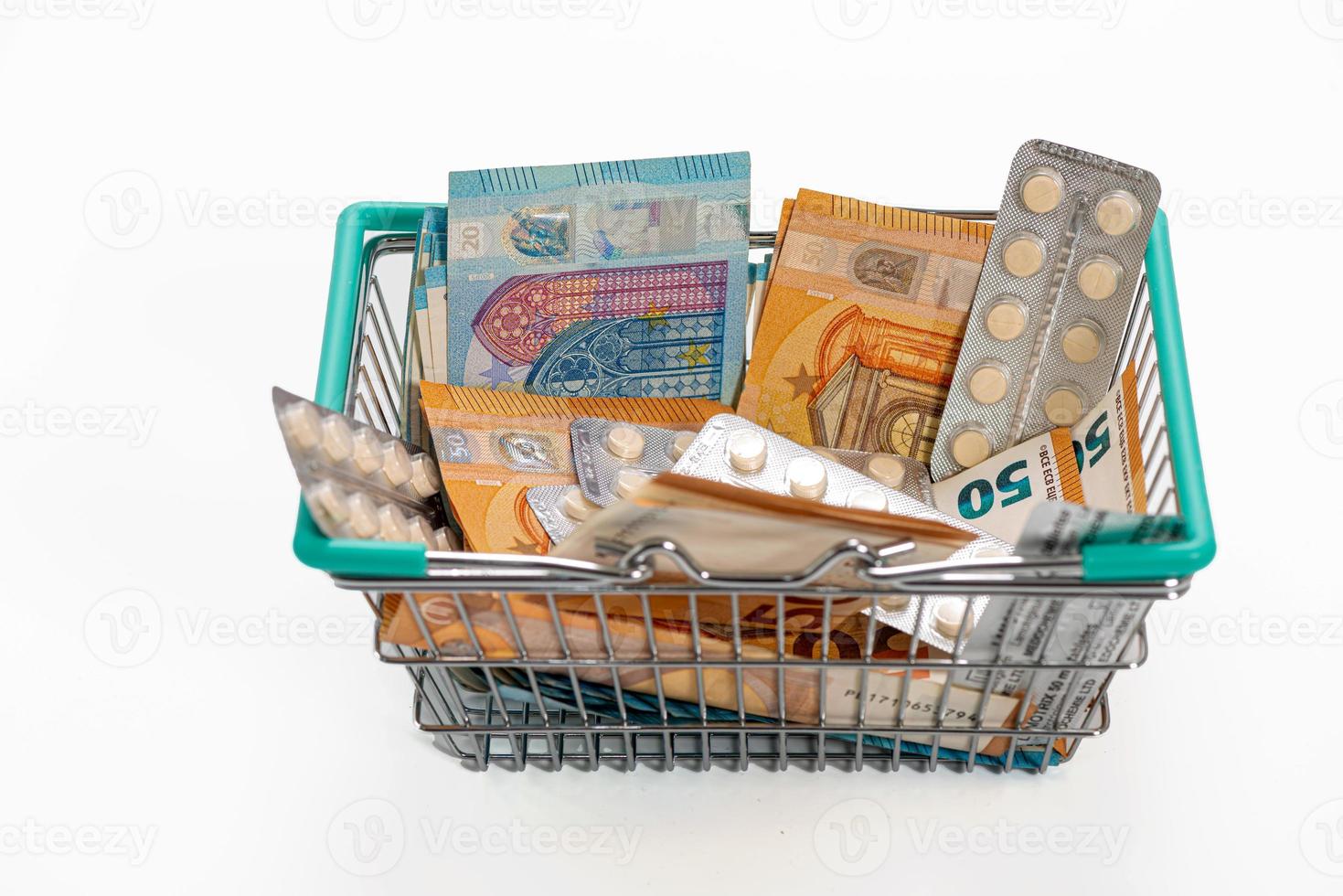 Shopping basket with pills and Euro banknotes photo