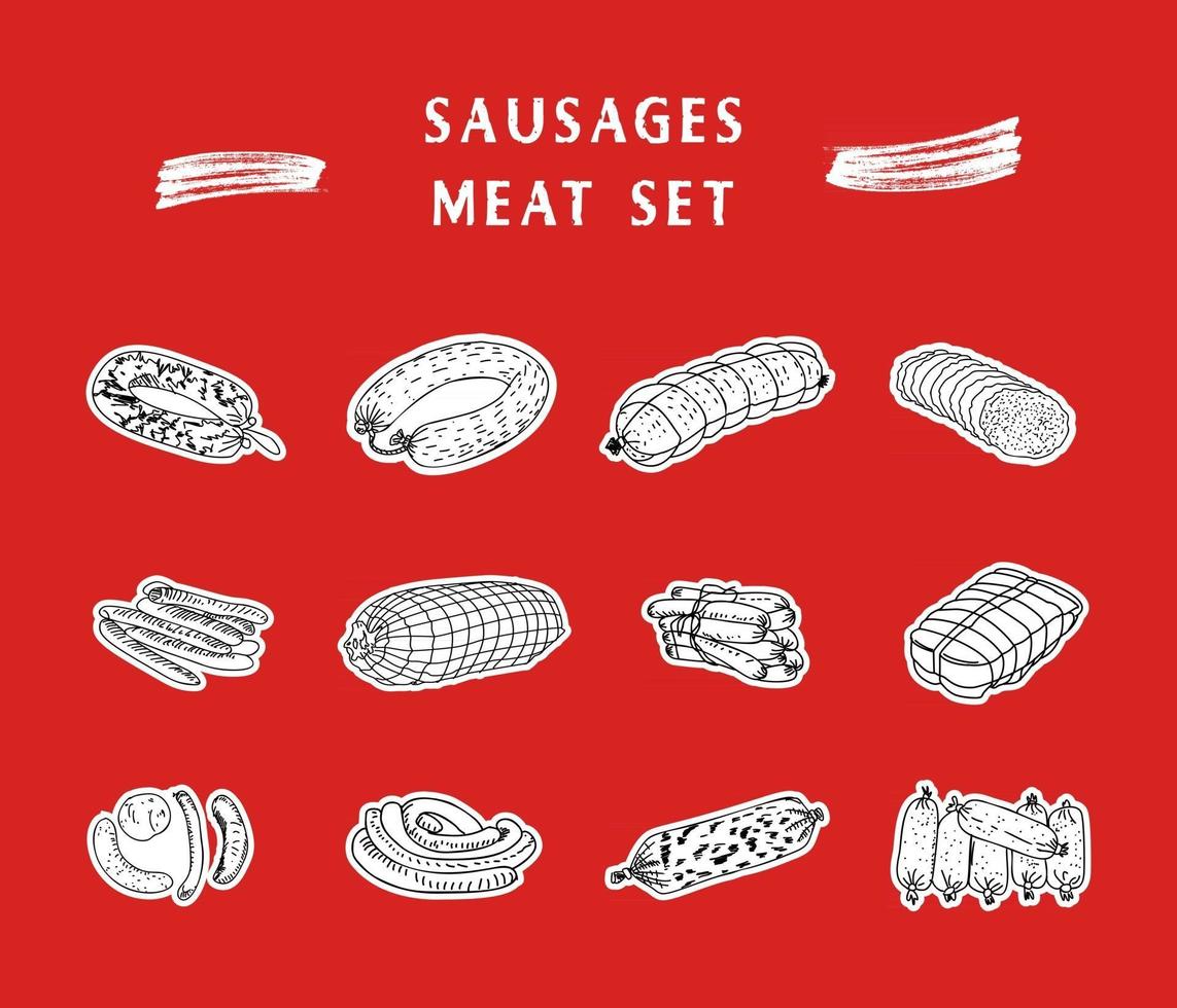 Fresh meat products collection. Sketch vector illustration. Food isolated design elements.