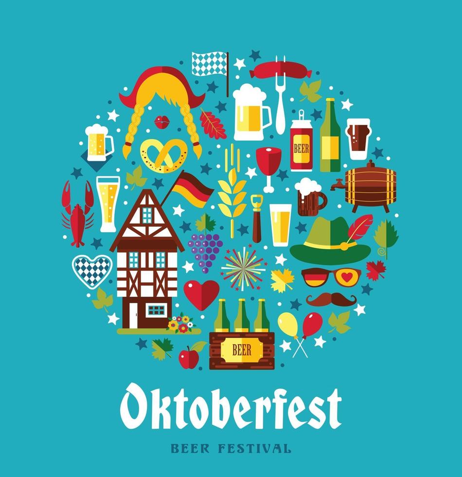 Flat design vector set icons with oktoberfest celebration symbols. Oktoberfest celebration design with Bavarian hat and autumn leaves and germany symbols