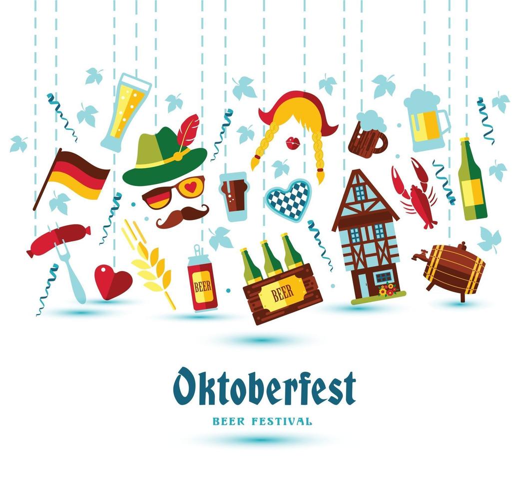 Flat design vector illustration with oktoberfest symbols. Oktoberfest celebration design with Bavarian hat and autumn leaves.