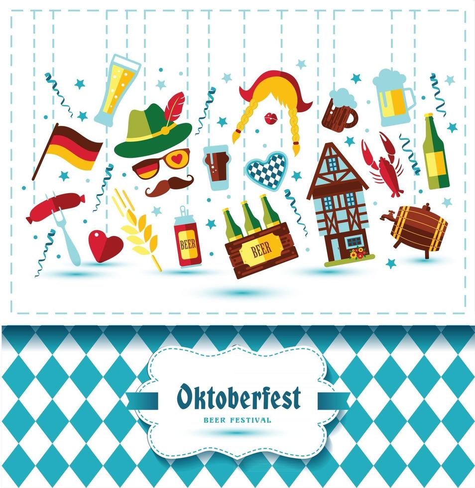 Ilustración de vector de diseño plano con símbolos de celebración de oktoberfest. Diseño de celebración de oktoberfest con sombrero bávaro y hojas de otoño e iconos de Alemania sobre fondo azul.