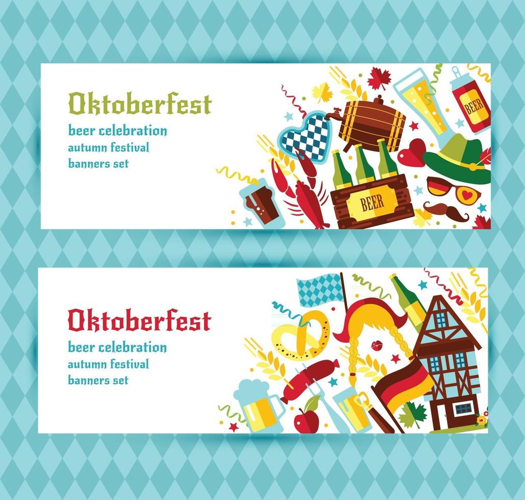 Banners vectoriales de diseño plano con símbolos de celebración de oktoberfest. Diseño de celebración de oktoberfest con símbolos de otoño y Alemania de sombrero bávaro. vector