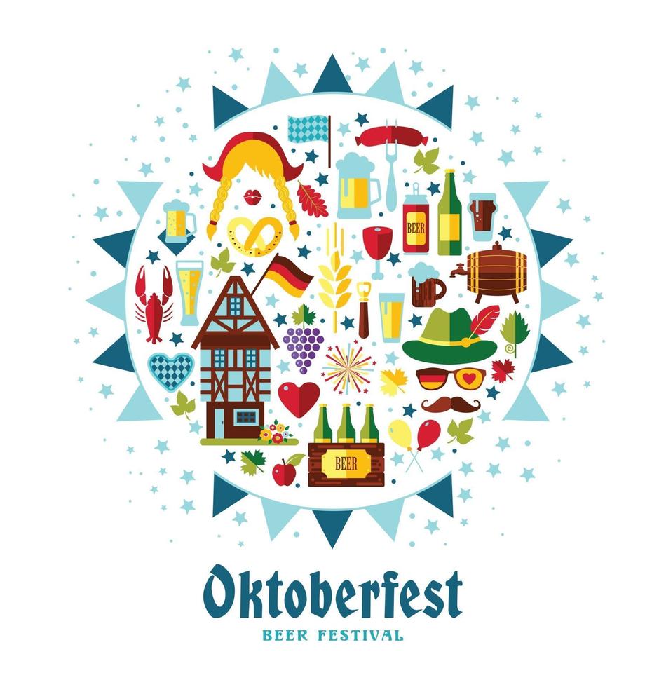 Ilustración de vector de diseño plano con símbolos de celebración de oktoberfest. Diseño de celebración de oktoberfest con sombrero bávaro y hojas de otoño