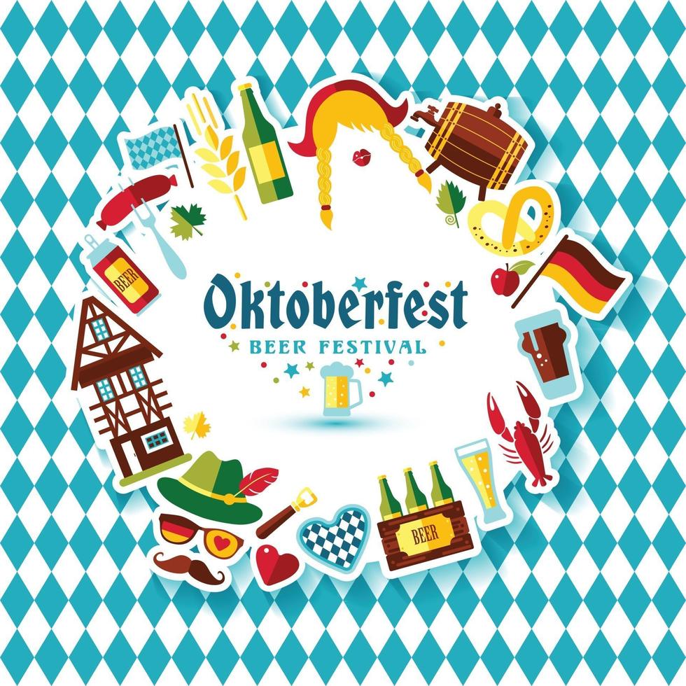 Flat design vector illustration with oktoberfest celebration symbols. Oktoberfest celebration design with Bavarian hat and autumn and germany symbols.