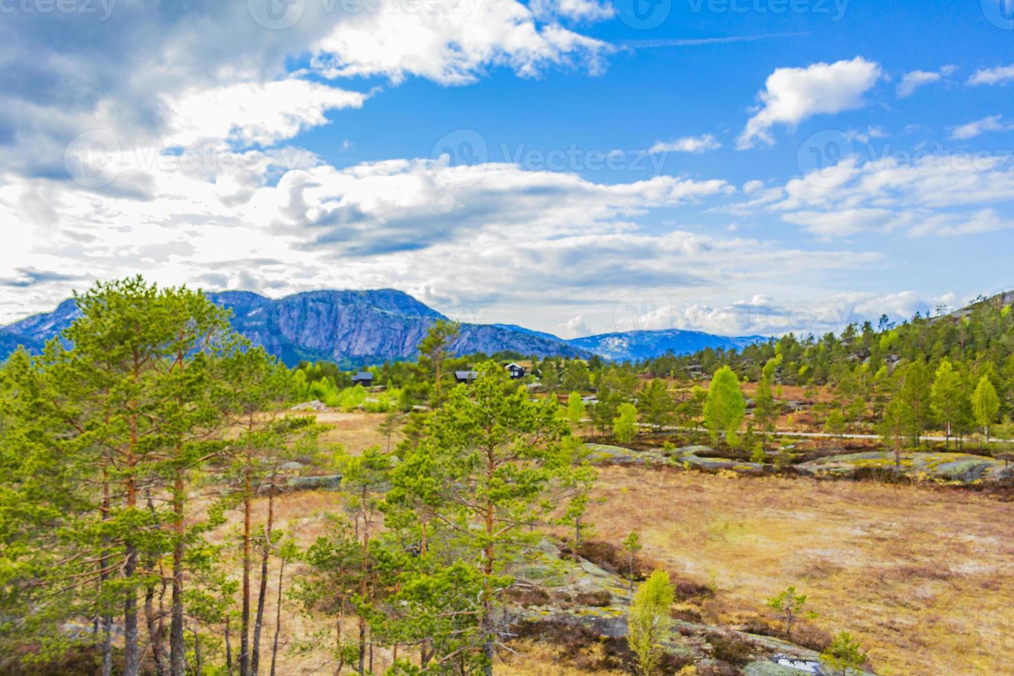 panorama con abetos cabañas y montañas naturaleza paisaje nissedal noruega. foto