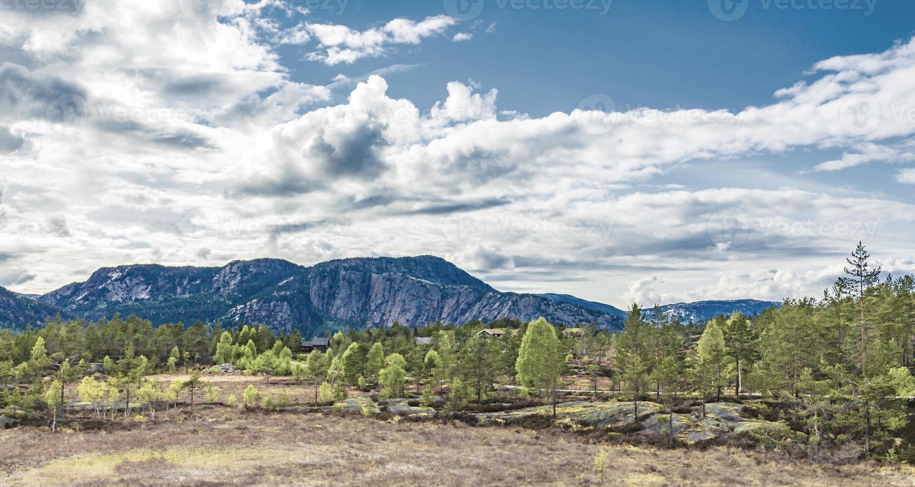 Panorama with firs cottages and mountains nature landscape Nissedal Norway. photo