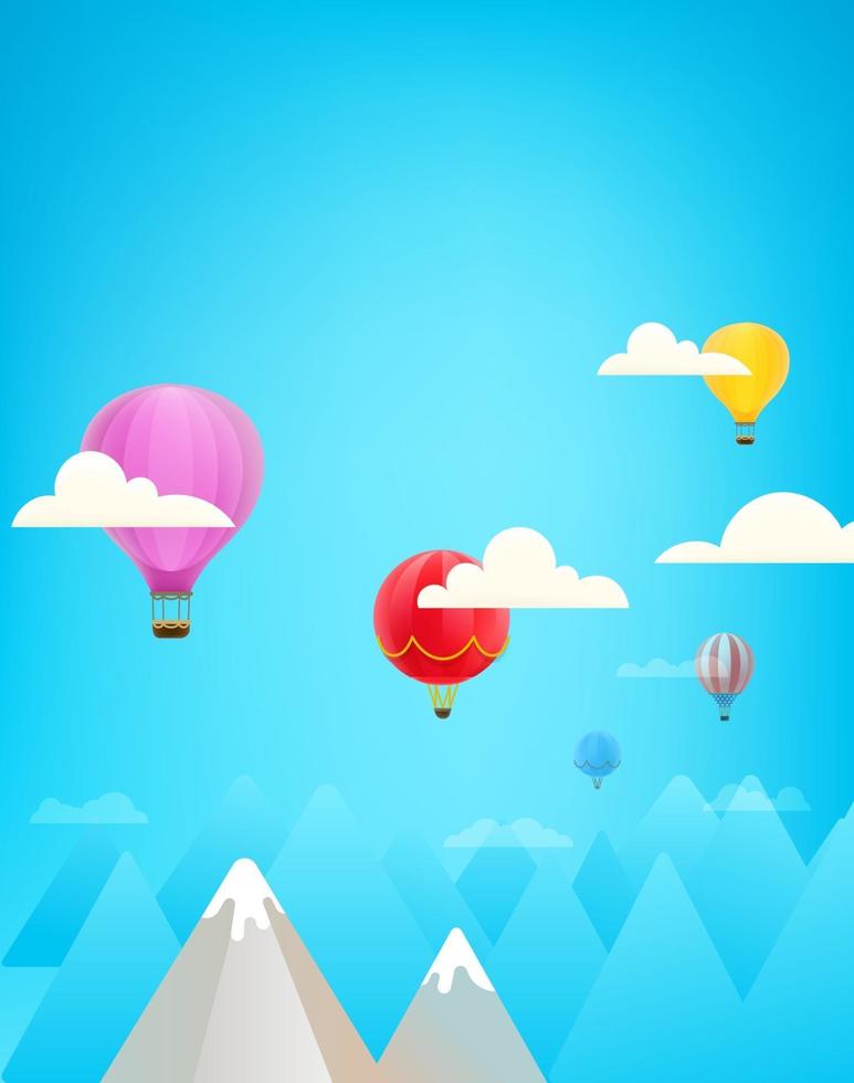 globos de aire de color en un cielo por encima de las montañas. composición vectical con espacio de copia vector