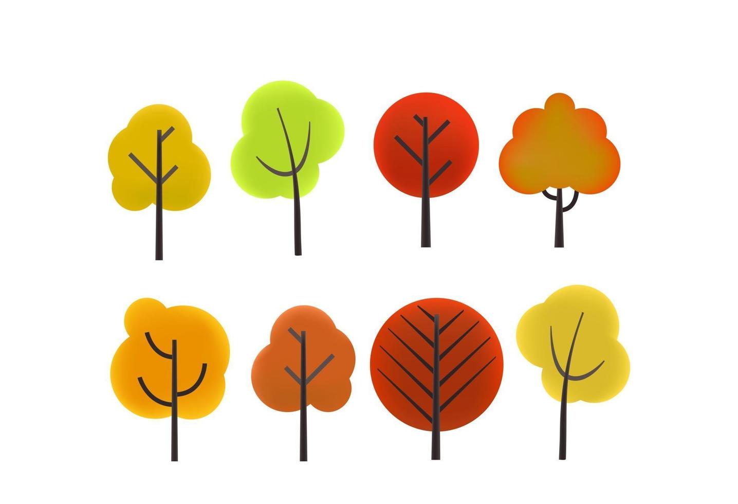 Different color autumn trees vector clipart. Cartoon style 3d illustration