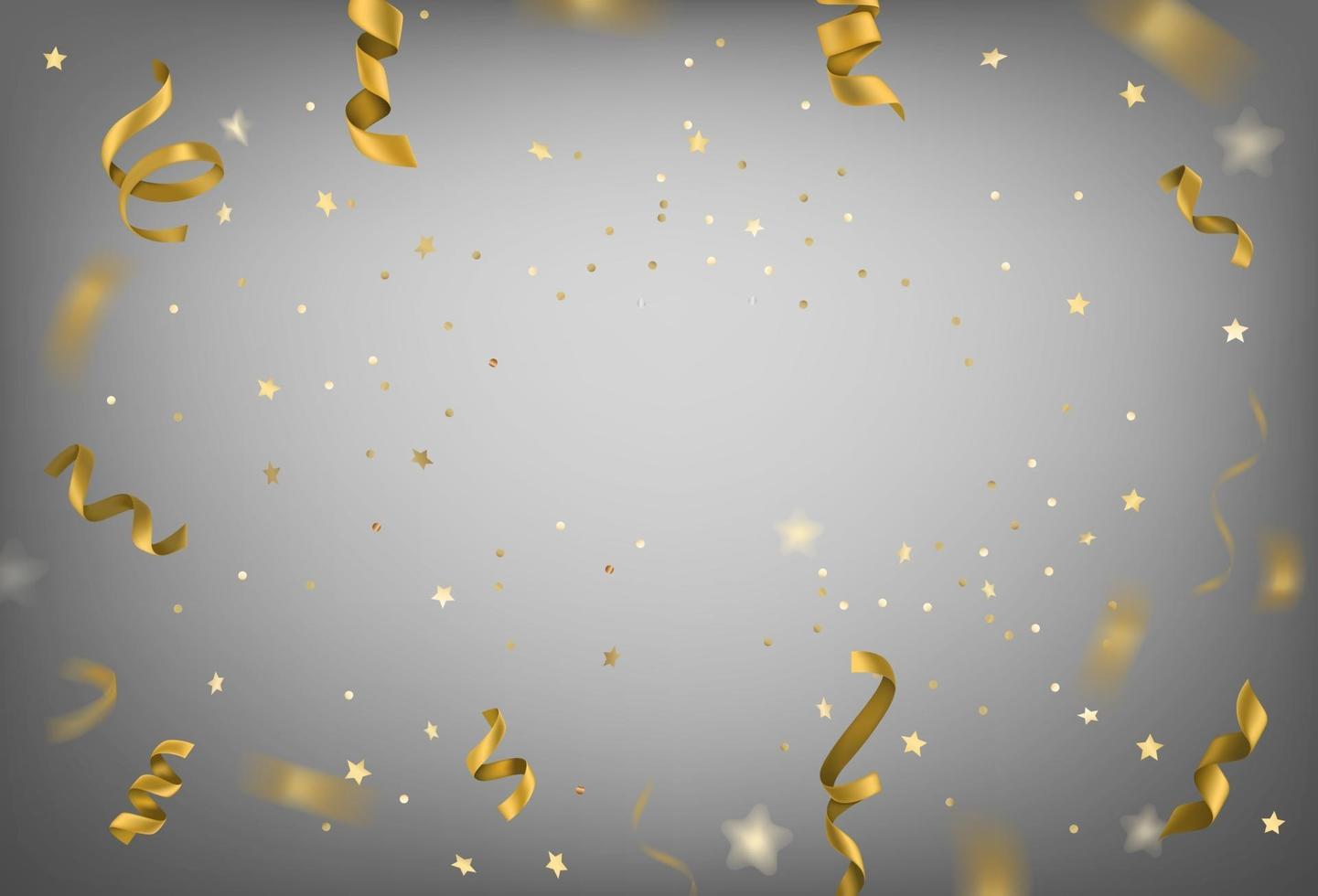 Golden flying ribbons and confetti background. Anniversary frame template vector