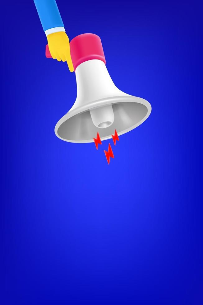 Hand with loud megaphone from above. Vertical banner with copy space vector