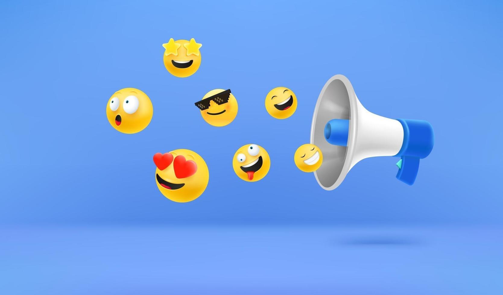 Megaphone with emojis. Social media reactions concept vector