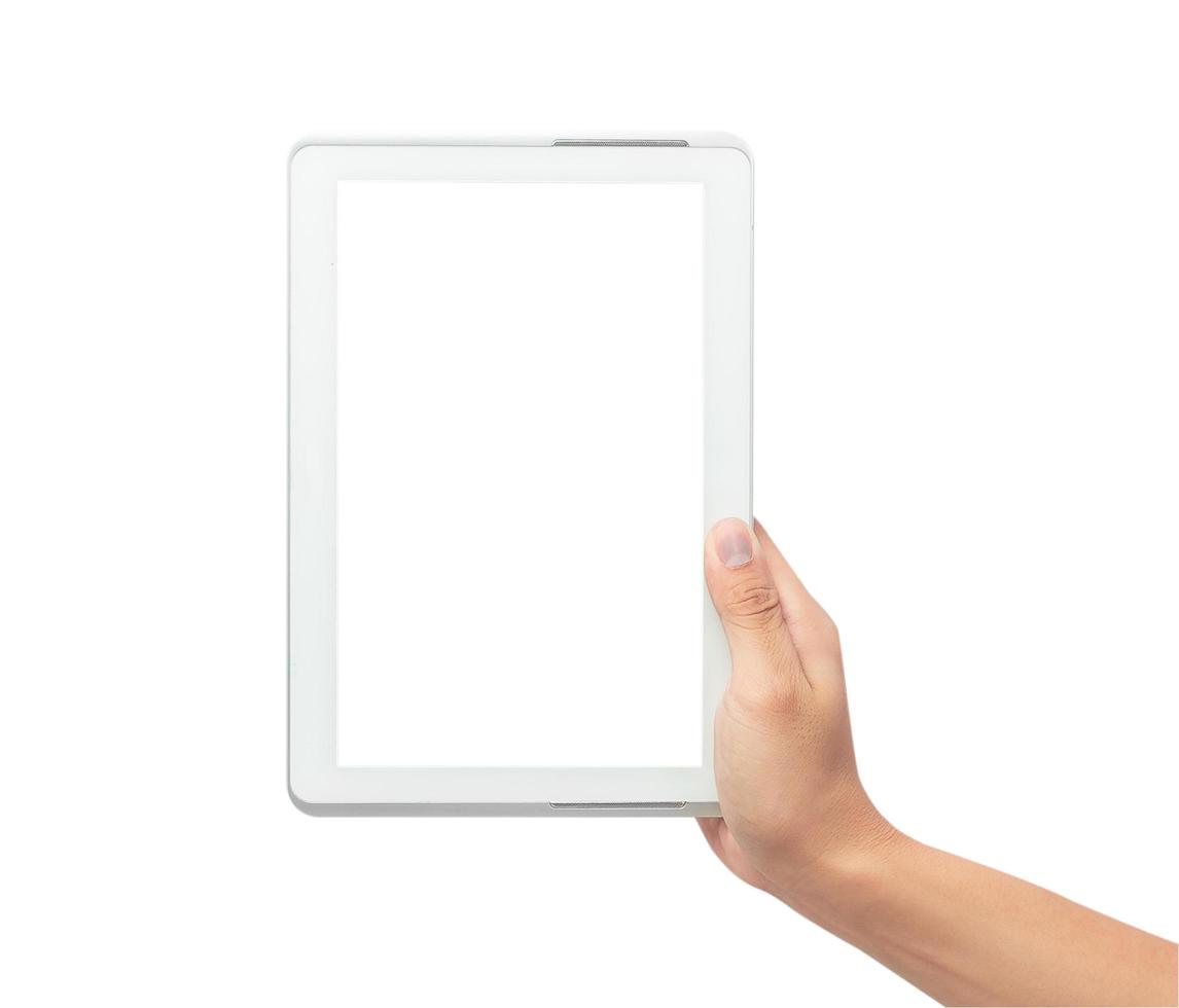 Hand holding tablet computer on white background with clipping path photo