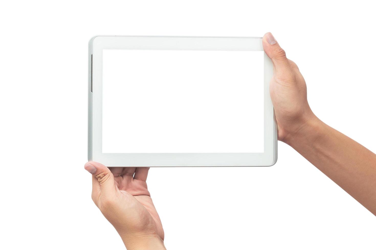 Hand holding tablet computer on white background with clipping path photo