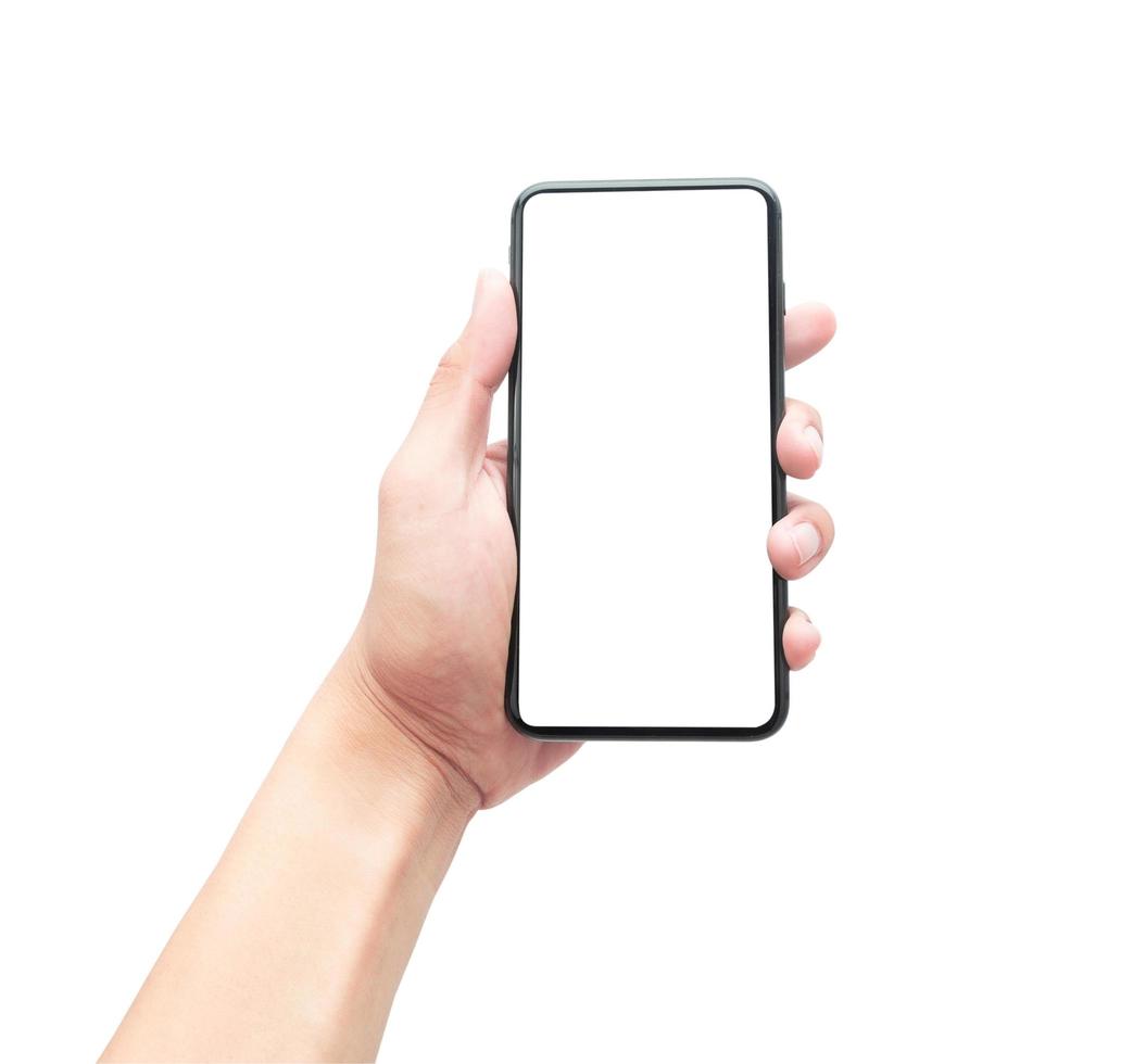 Hand holding smartphone on white background with clipping path photo