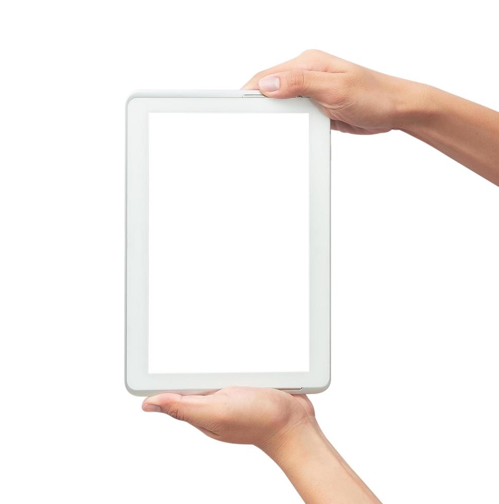 Hand holding tablet computer on white background with clipping path photo