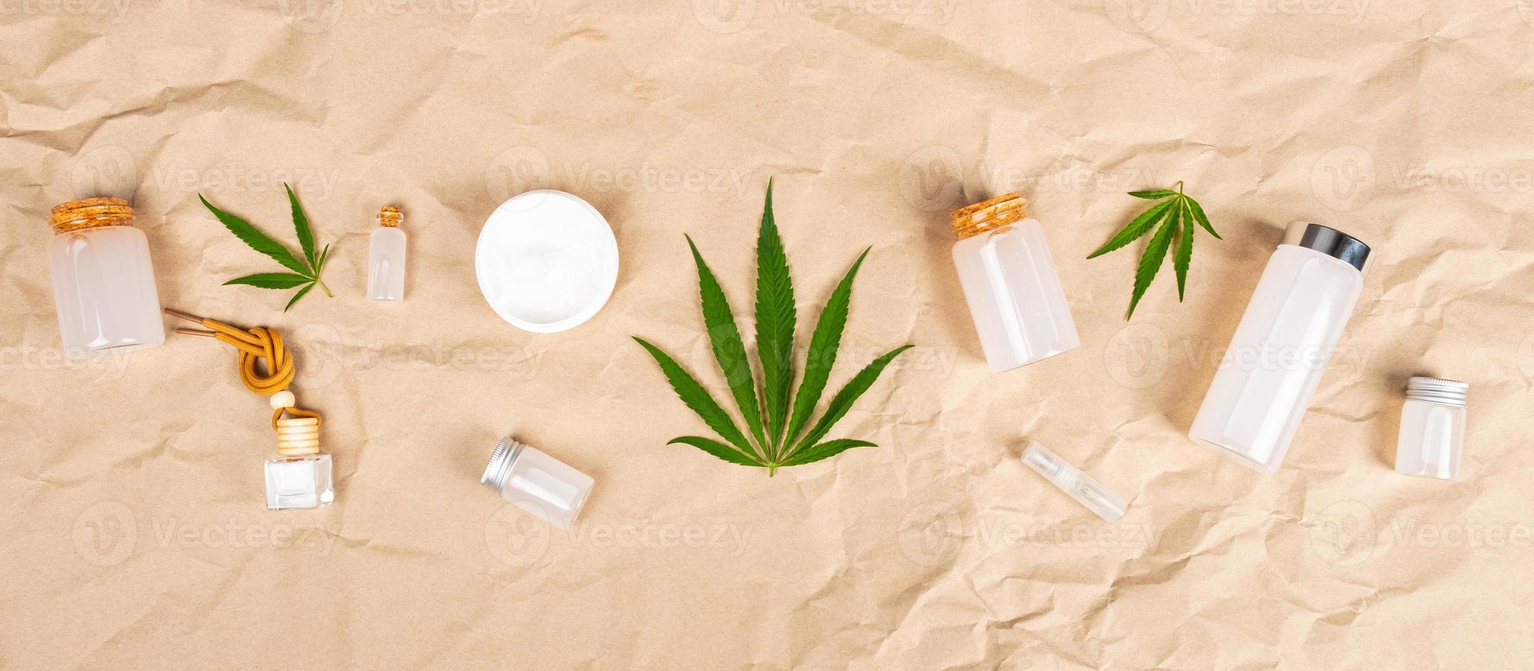beauty skin care natural hemp cosmetics, cosmetic bottles with toner and skin cream with cannabis extract photo