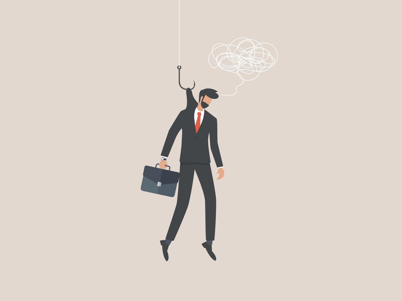 Businessman character hanging on fishing hook feeling depressed vector
