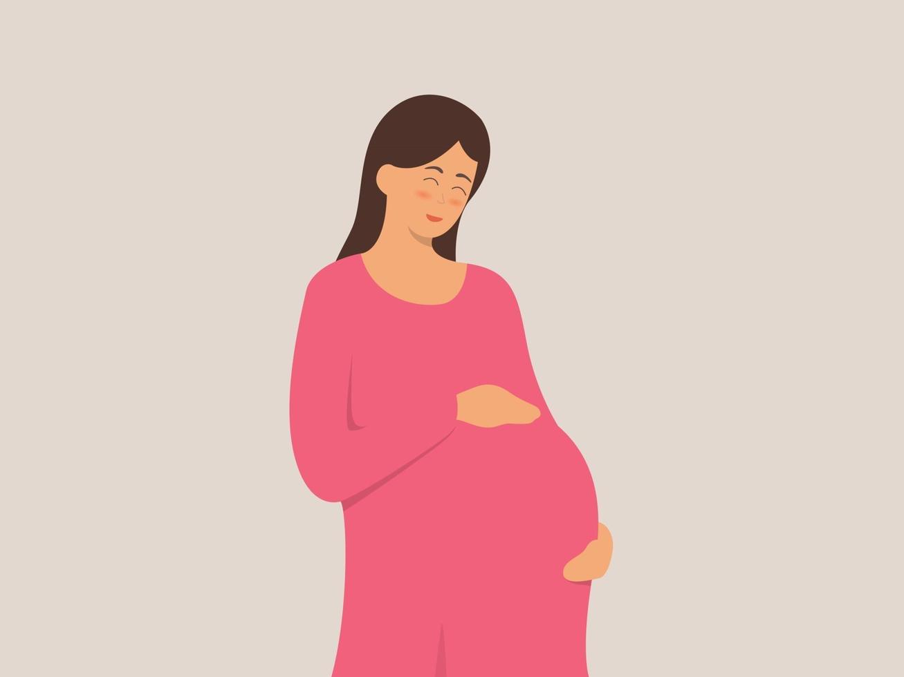 Happy woman touches her belly with care and love vector