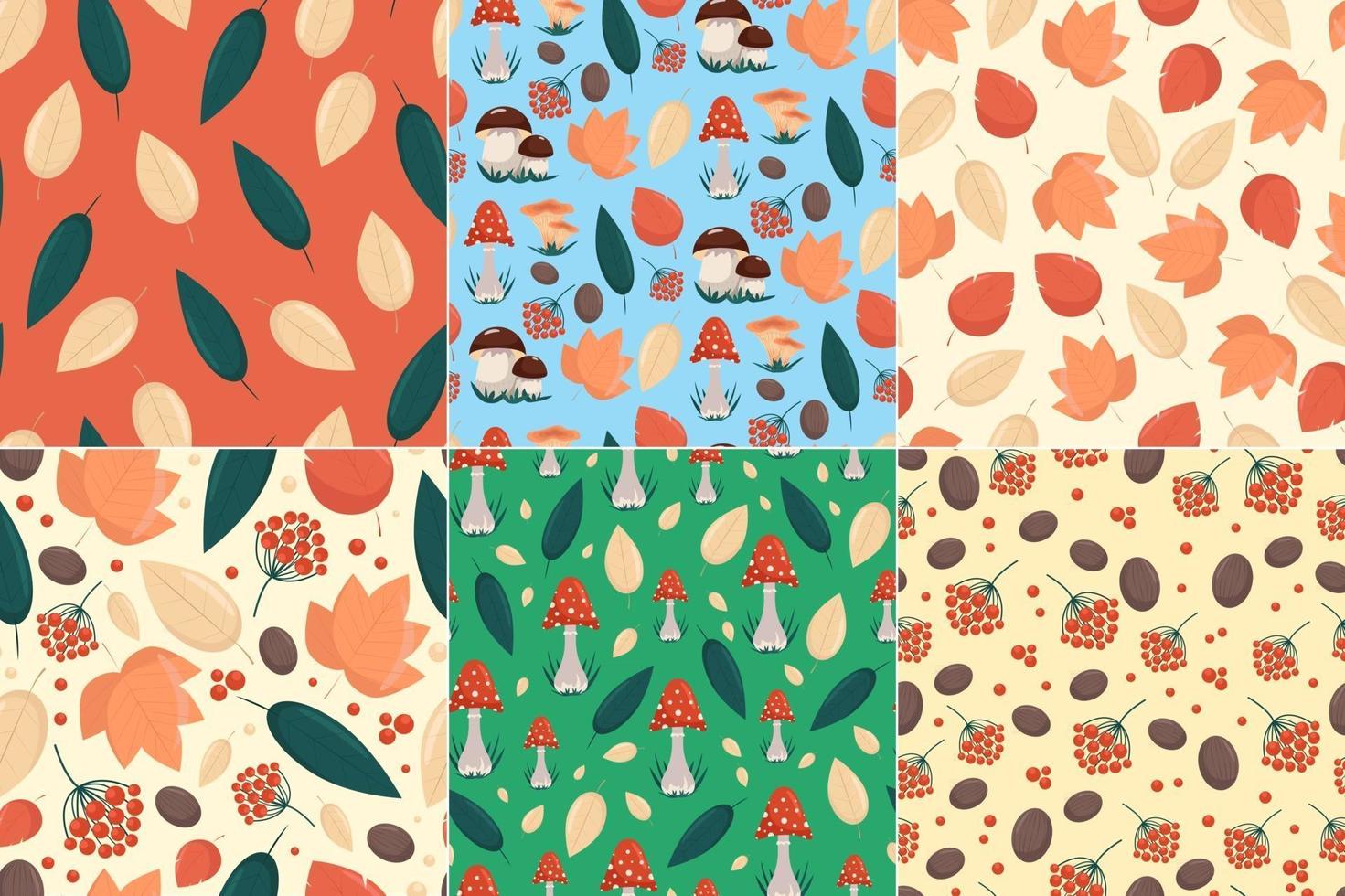 Set of seamless patterns with autumn elements, yellow leaves mushrooms and berries in flat style, vector seamless backgrounds