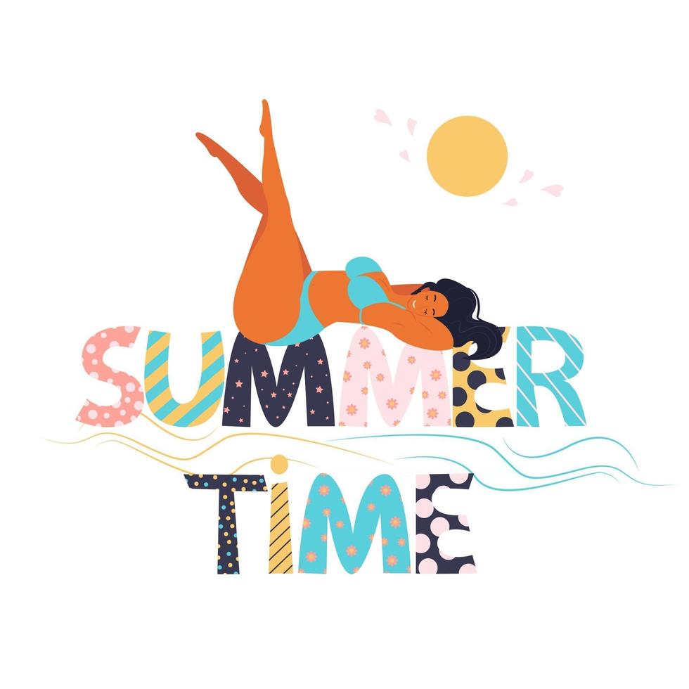 Girl in a bathing suit lies on a large inscription Summer time, summer vacation, vector illustration in flat style, cartoon