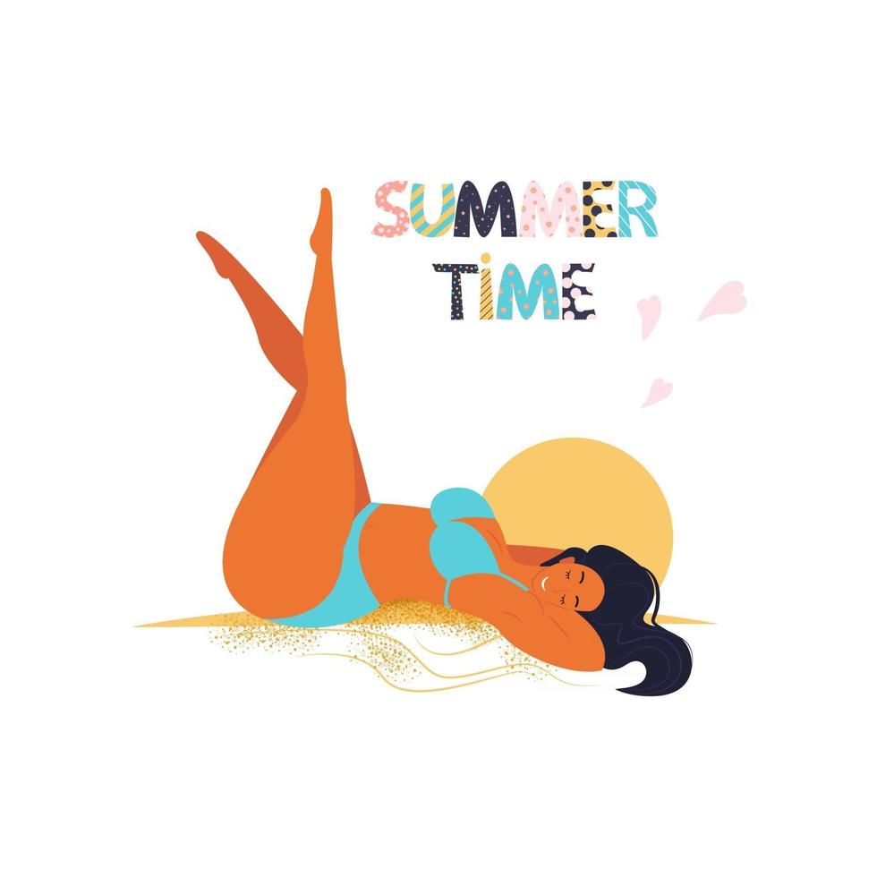 horario de verano, niña tumbada en la arena tomando el sol, inscripción de letras de colores, ilustración vectorial en estilo plano, dibujos animados vector