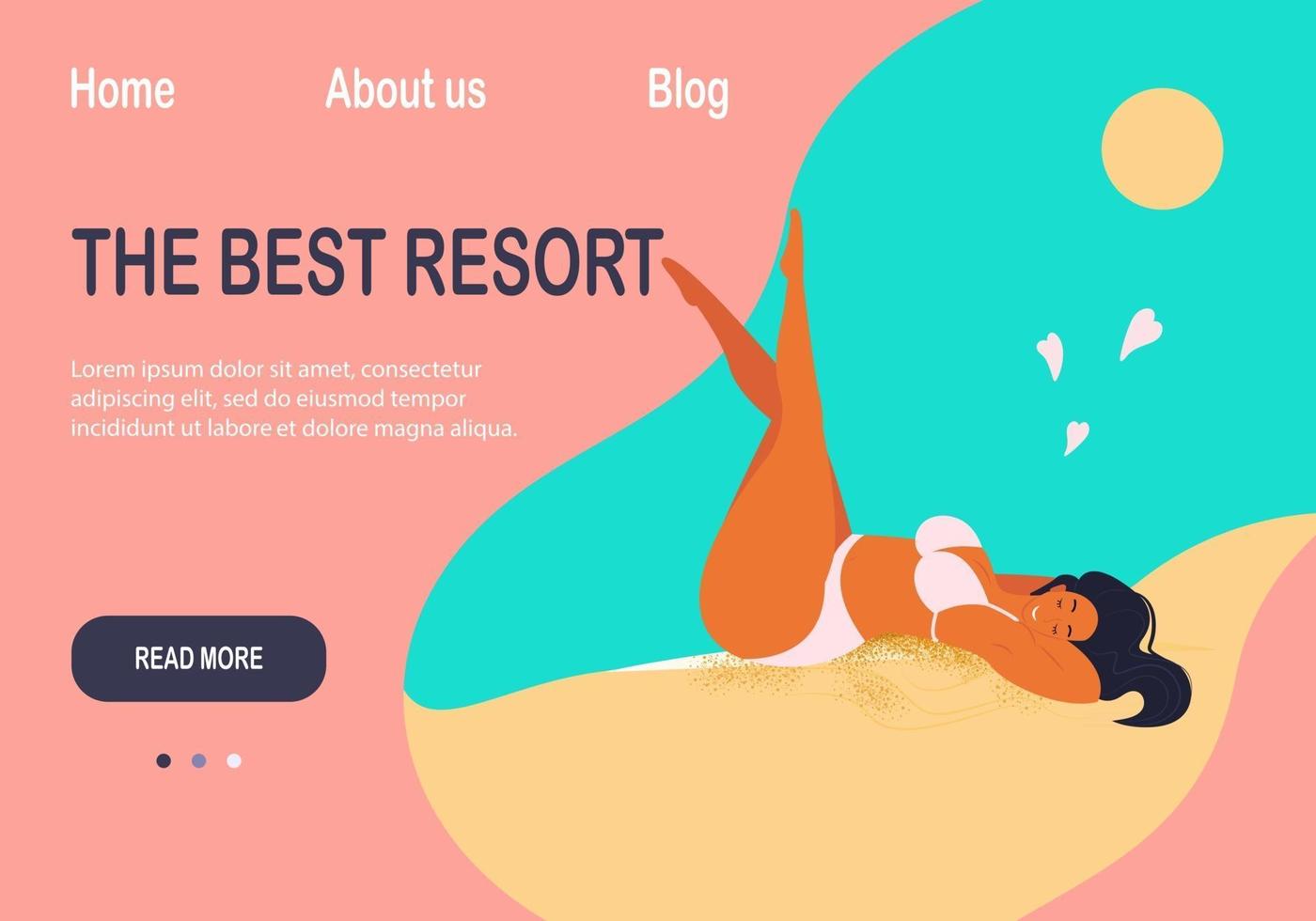 el mejor banner de resort para sitios web, chica tomando el sol en la ilustración de vector de playa en estilo plano. plantilla de banner o cartel en estilo de dibujos animados