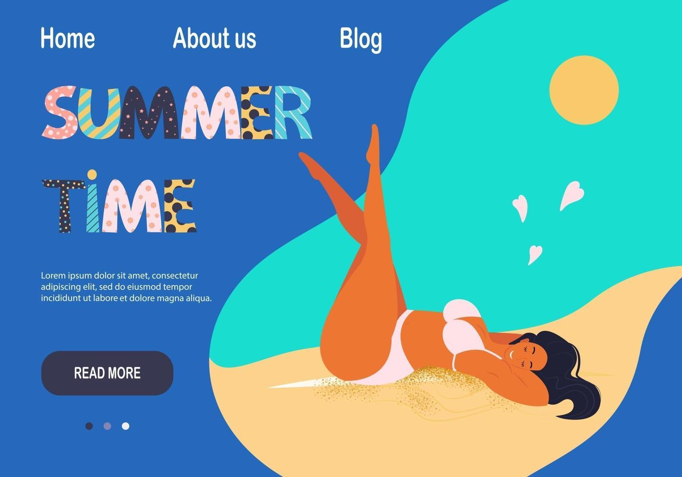 Summer time banner for websites, girl sunbathing on the beach vector illustration in flat style. Banner or poster template in cartoon style