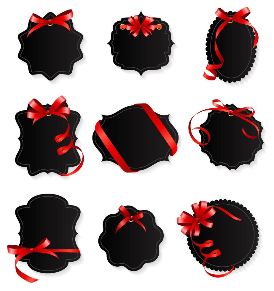 Card with Red Ribbon and Bow Set. Vector illustration